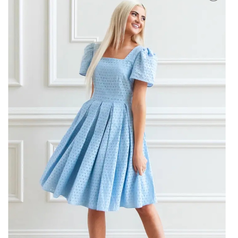 Rachel Parcell Light Blue Eyelet Puff-Sleeve Fit-and-Flare Dress
